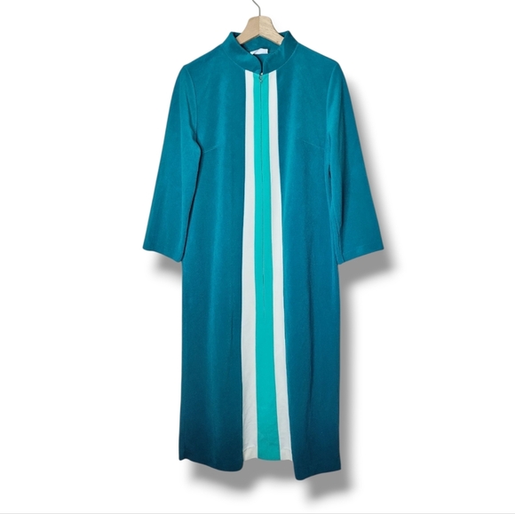 Vintage 70s JCPenney Robe Women’s 14 Aqua Stripe Half Zip A-Line Lounge Dacron - Picture 1 of 9